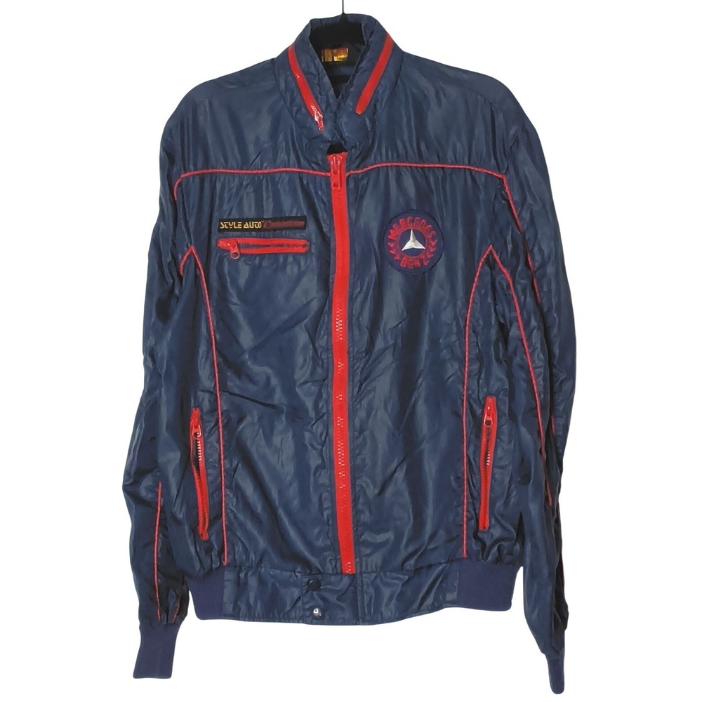 Style Auto Mercedes Benz Jacket Mens Medium Blue‎ Vintage Windbreaker Roll Hood